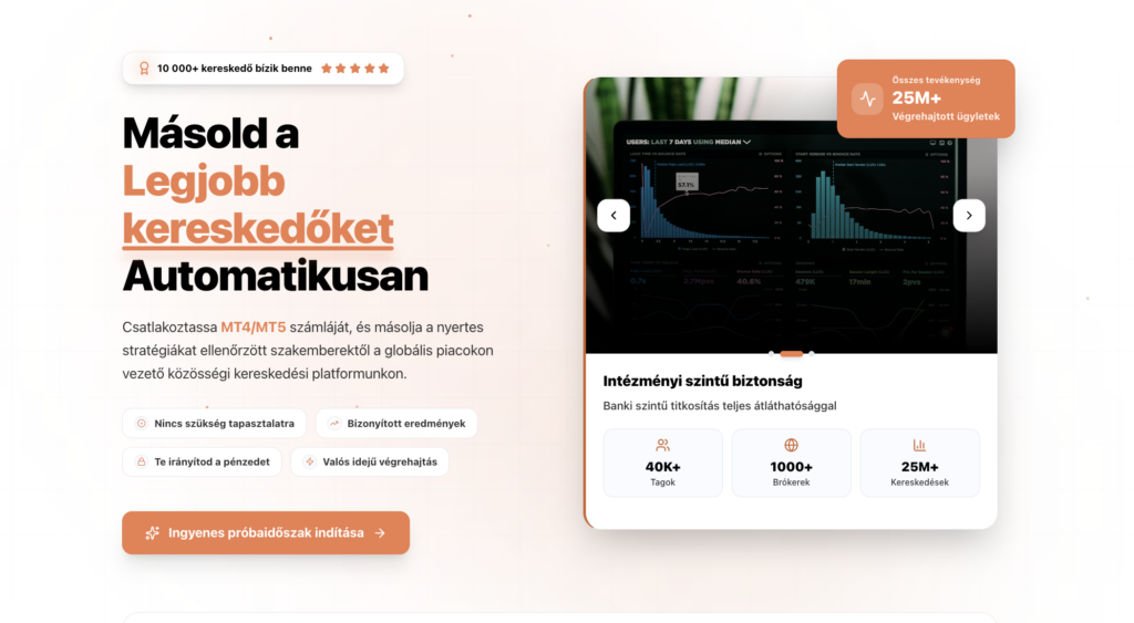 1 madarsky | Trader Magazine Promotional hero for automated copy trading in Hungarian; bold black and orange headline with a right-side device dashboard image and an orange activity badge.