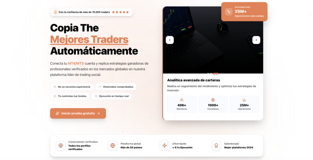 Hero de landing de trading automático en español: 'Copia The Mejores Traders Automáticamente'