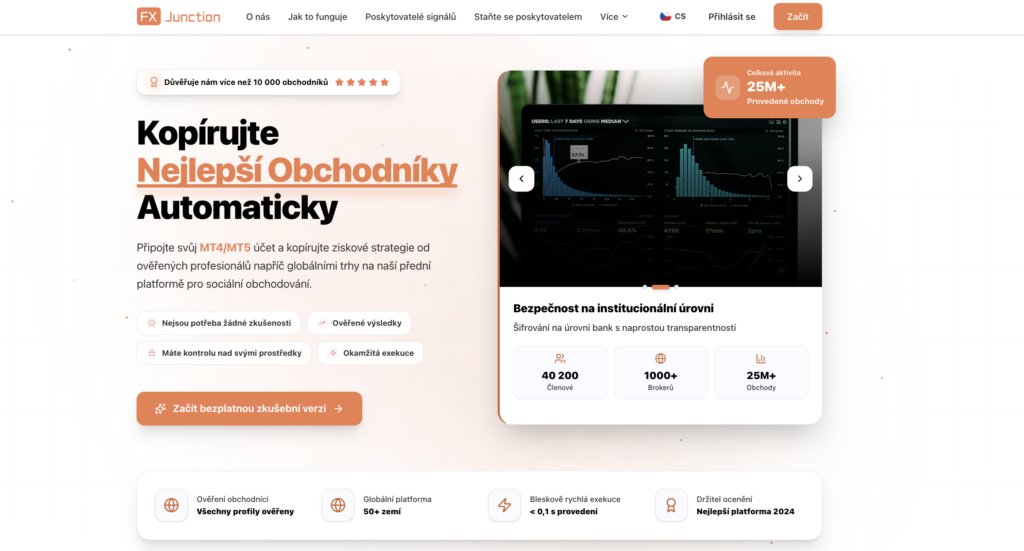 1 česky | Trader Magazine Hlavní banner: česká obchodní platforma s nápisem Kopírujte Nejlepší Obchodníky Automaticky a doprovodný grafický kredit 25M+ Provedené obchody v oranžovém boxu.