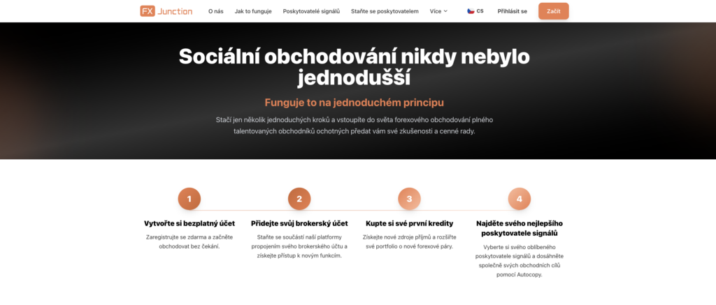 2 česky | Trader Magazine Heroský banner FX Junction se tmavým gradientem, velkým bílým nadpisem v češtině a oranžovým podnadpisem, následovaný čtyř-krokovým procesem s oranžovými čísly 1–4.