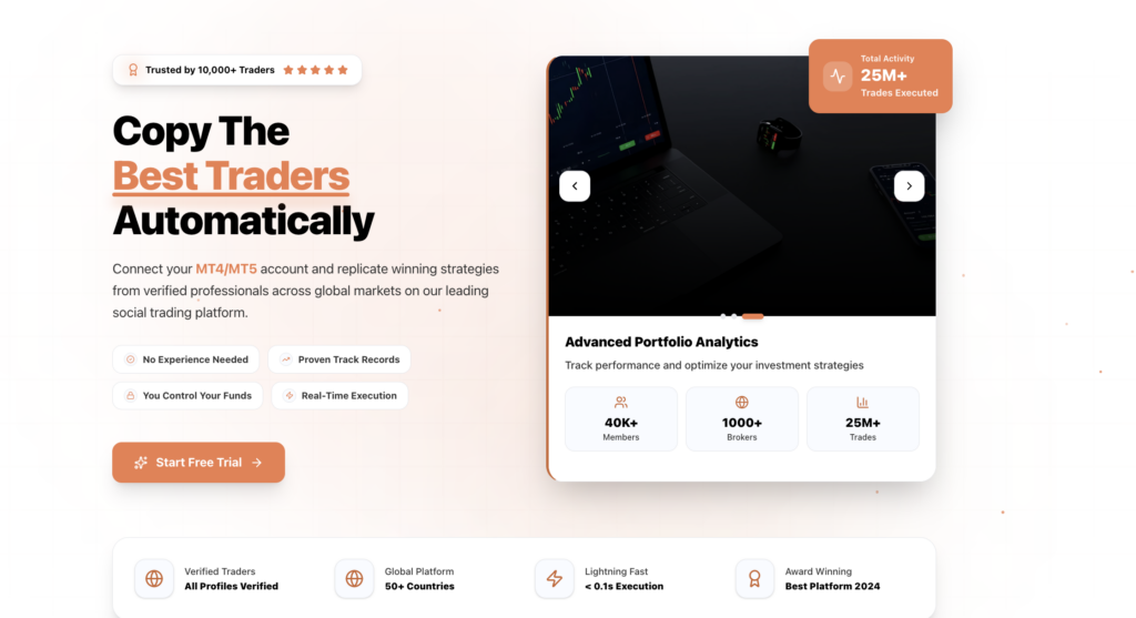 Hero promoting copying top traders automatically; bold headline with orange underline on left and a mobile/monitor mockup showing 25M+ trades on the right badge labeled 'Total Activity'