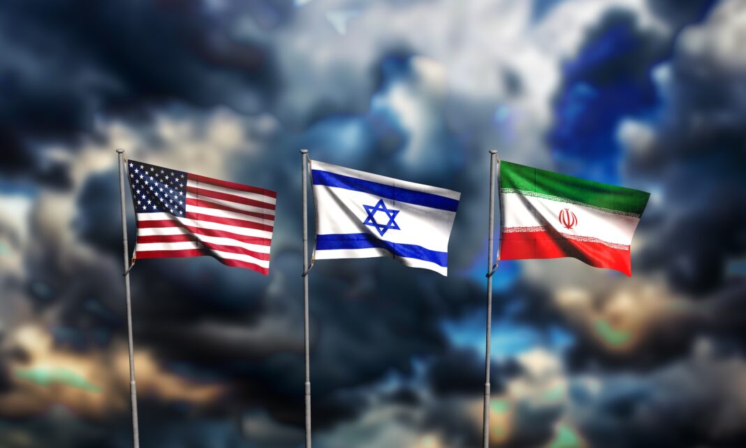 Flags of USA, Israel and Iran.