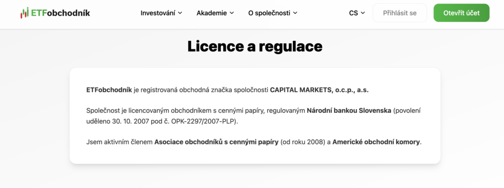 Licence a regulace | Trader Magazine Licencja i regulacja
Screenshot ze strony ETFobchodník