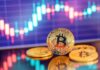 Technická analýza bitcoinu a výhled trhu pro rok 2026: Dokáže BTC prorazit z dlouhé konsolidace? Bitcoin coins in focus with a colorful stock market chart blurred in the background.