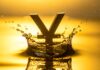 Japón y EE.UU. intervinieron conjuntamente para apoyar el yen por primera vez en 15 años Gold-colored yen symbol rising from a water splash against a warm golden background, creating a crown-like ripple effect.