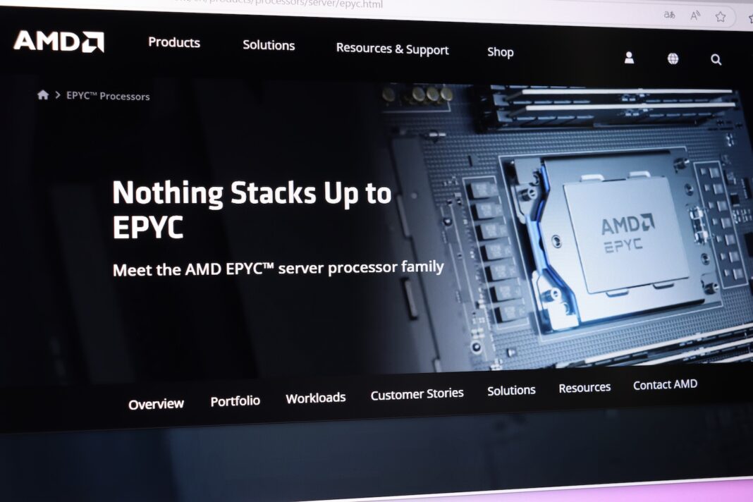 AMD EPYC hero: bold headline 'Nothing Stacks Up to EPYC' with a server motherboard image in the background and navigation bar above (informational).